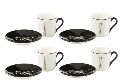 Doos met 4 koffiekopjes en schoteltjes Windownbox Keramiek Zwart/Wit Klein