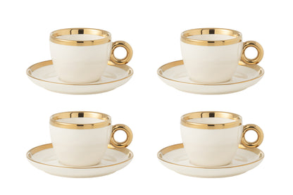 Doos met 4 kopjes en schotels, keramiek, wit/goud