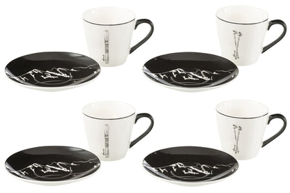 Doos met 4 theekopjes en schoteltjes Windownbox Keramiek Zwart/Wit Groot