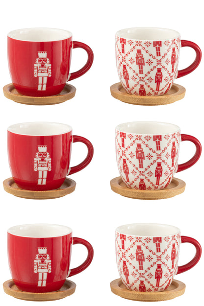 Doos met 6 koffiekopjes + bamboe schoteltjes Notenkrakers Windownbox Keramiek Rood