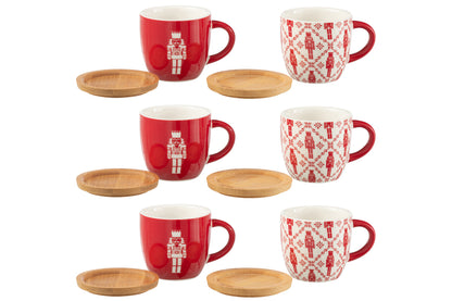 Doos met 6 koffiekopjes + bamboe schoteltjes Notenkrakers Windownbox Keramiek Rood