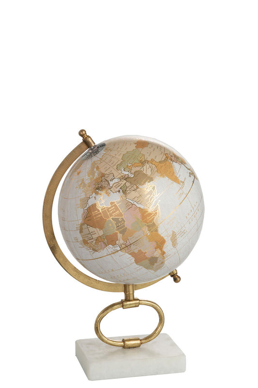 Wereldbol op voet Marmer Wit/Metaal Goud Medium
