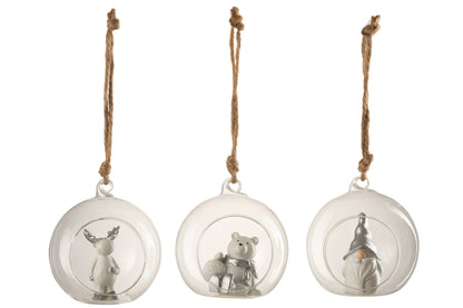 Hanger Ball+Figuur Glas Wit/Zilver Assortiment Van 3