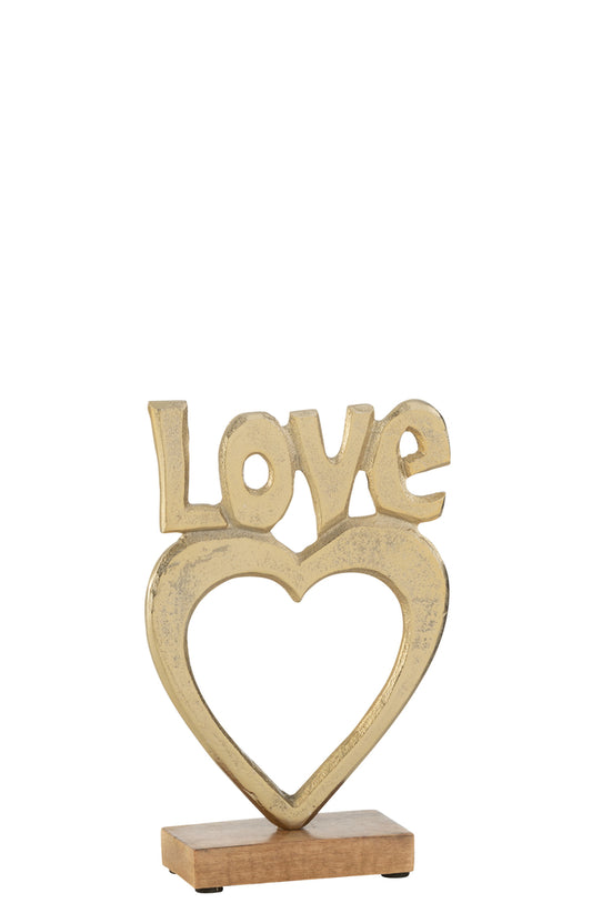 Liefdeshart op voet aluminium/hout goud groot
