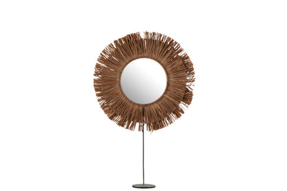 Spiegel op voet rond riet raffia bruin