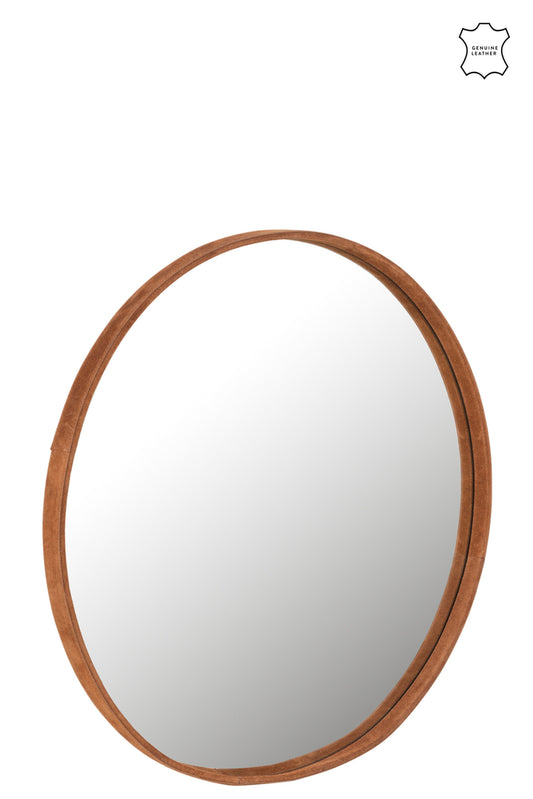 Spiegel Rond Leer Cognac Groot