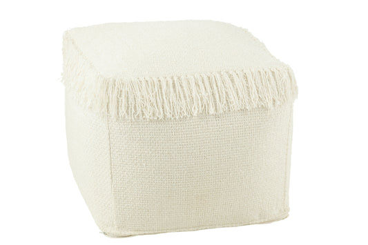 Poef Vierkant Geweven+Franjes Viscose Wit