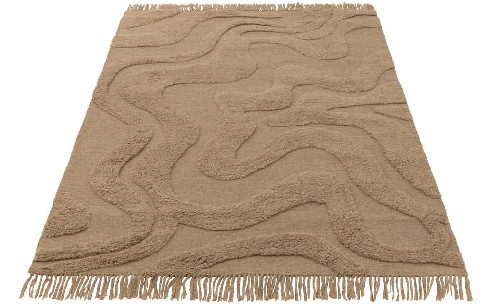 Tapijt Getuft Curves/Fringes Wol Beige