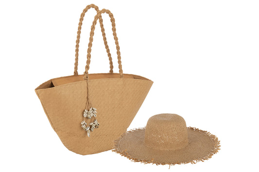 Set van 2 strandtassen met schelpen + hoed papier lichtbruin