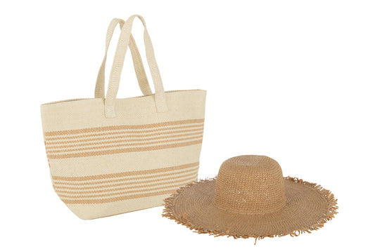 Set van 2 strandtas strepen + hoed papier beige/lichtbruin