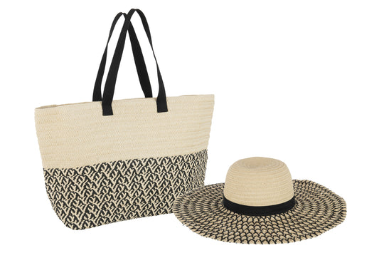Set van 2 tas + hoed patronen papier/katoen beige/zwart