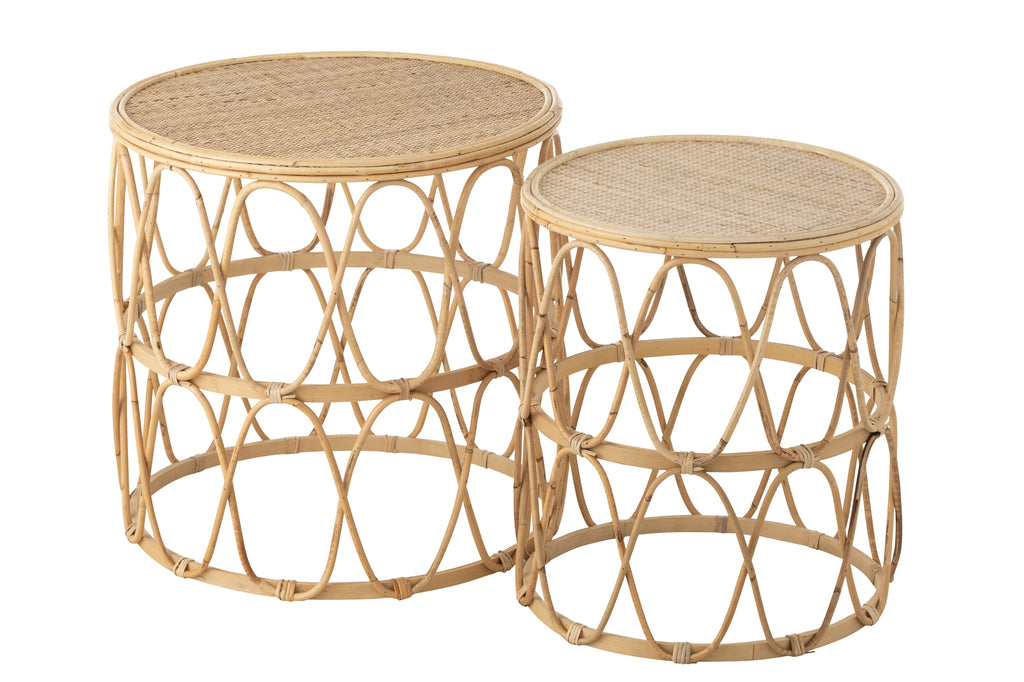 Set van 2 bijzettafels golvenpatroon rotan natuurlijk