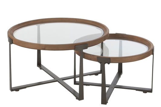 Set van 2 salontafels Luki Glas/Vurenhout Naturel/Zwart