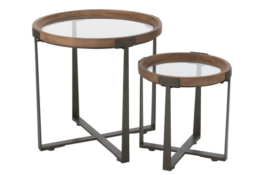 Set van 2 salontafels Mine Glass/Fir Wood Naturel/Zwart