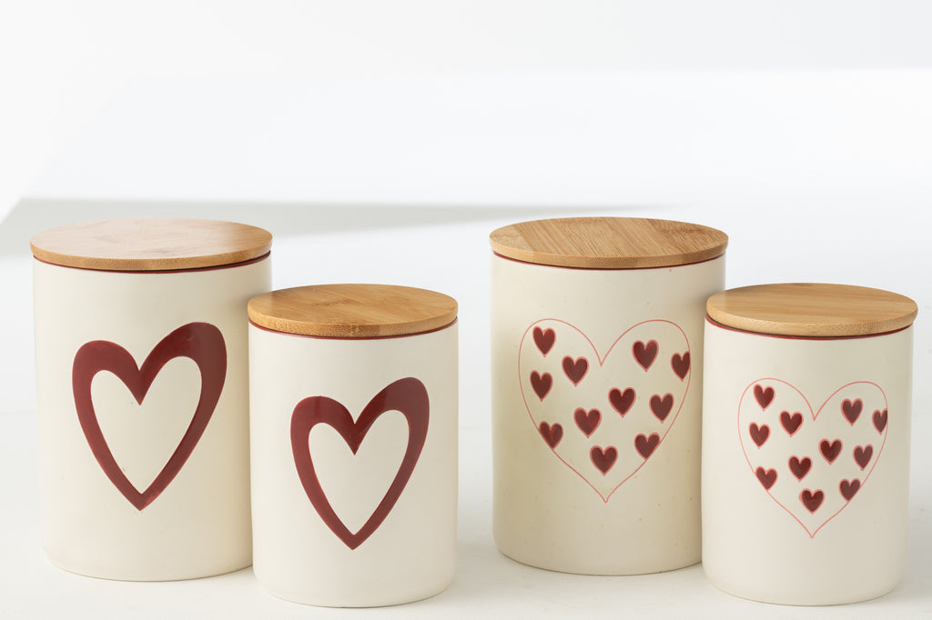 Voorraadpot Harten Porselein Wit/Rood Klein Assortiment Van 2