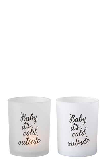 Theelichthouder "Baby It Is Cold Outside" Glas Wit/Zwart Groot Assortiment Van 2