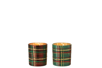 Theelichthouder Geruit Glas Rood/Groen Klein Assortiment Van 2