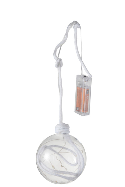 Kerstbal Bal+Touw+Led Glas Helder Wit Medium