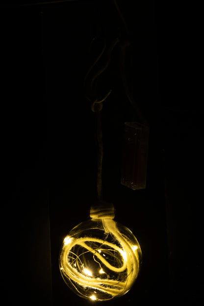 Kerstbal Bal+Touw+Led Glas Helder Wit Medium